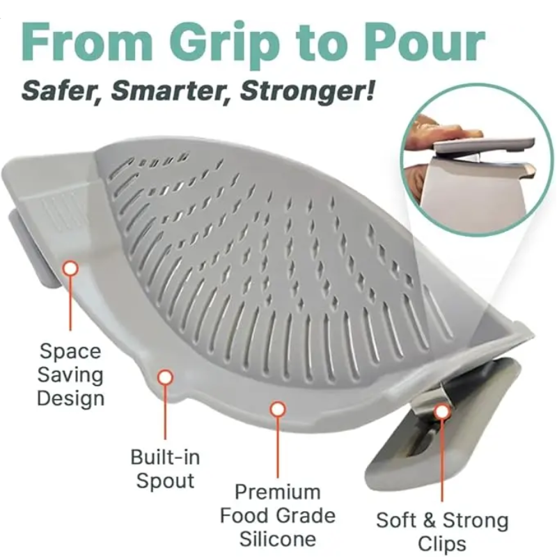 Clip-On Pot Strainer – Drain Pasta Without a Colander